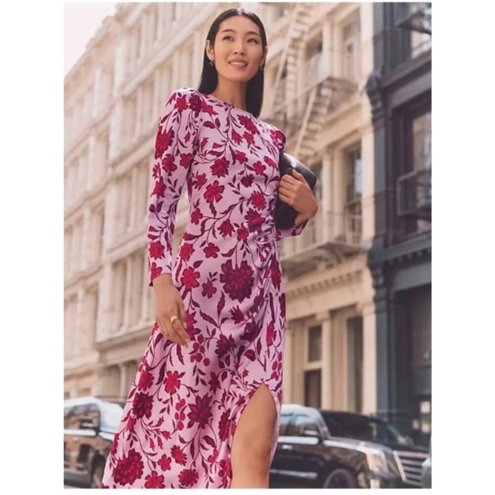 ANN TAYLOR Ruched Midi Dress Pink‎ Red Satin Floral Round Neck Slit Size 2P
